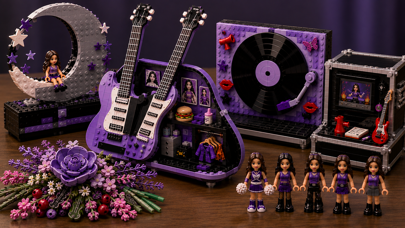 Zestawy LEGO inspirowane Olivią Rodrigo z fioletową gitarą, hamburgerem i muzycznymi detalami.