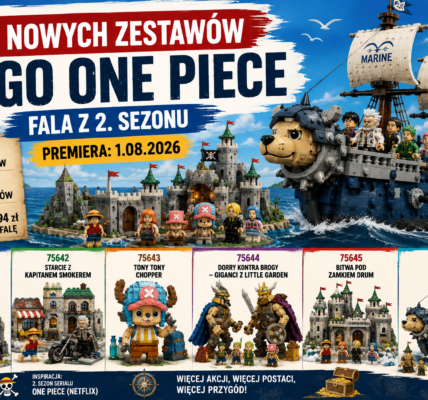 Ilustracyjna grafika redakcyjna o sześciu nowych zestawach LEGO ONE PIECE inspirowanych 2. sezonem serialu Netflixa, z motywami statku, zamku i postaci zbudowanych z klocków.