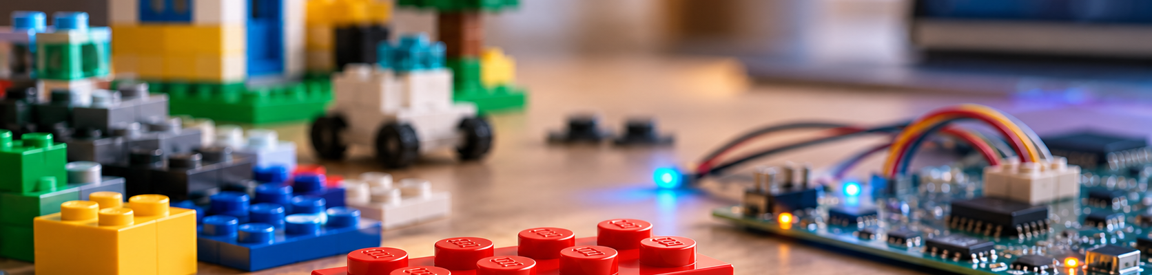 Czerwony klocek konstrukcyjny na neutralnym blacie, obok kolorowych klocków i zielonej płytki elektronicznej z delikatnym motywem ścieżek PCB.
