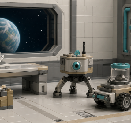 Autorska ilustracja przedstawiająca klockowego robota i mały pojazd badawczy w futurystycznym wnętrzu stacji kosmicznej.