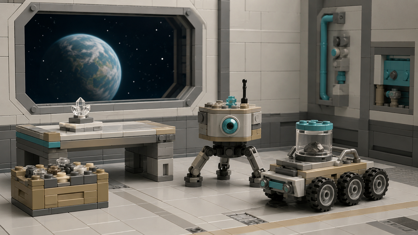 Autorska ilustracja przedstawiająca klockowego robota i mały pojazd badawczy w futurystycznym wnętrzu stacji kosmicznej.