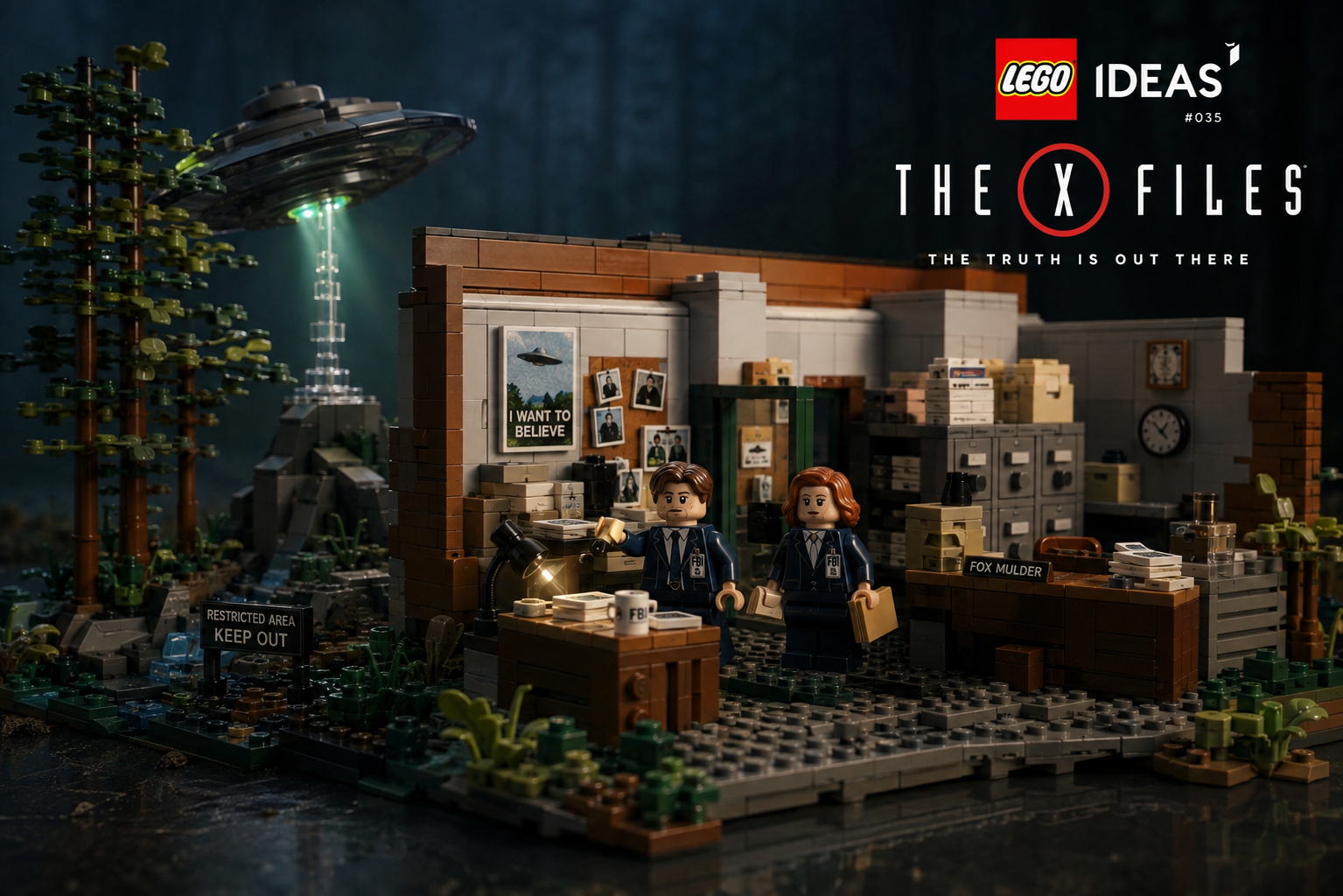LEGO Z archiwum X 21369 z biurem Muldera, UFO i minifigurkami bohaterów serialu