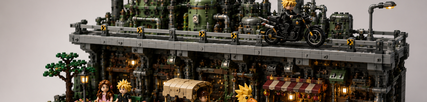 Redakcyjna ilustracja dwupoziomowego Midgar z Final Fantasy VII z górną drogą, motocyklem, parkiem, powozem z chocobo i napisem „1000+”.