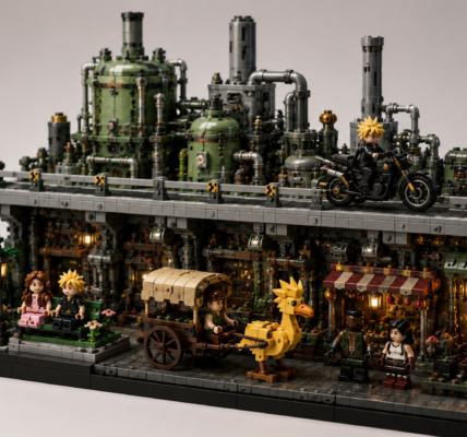 Redakcyjna ilustracja dwupoziomowego Midgar z Final Fantasy VII z górną drogą, motocyklem, parkiem, powozem z chocobo i napisem „1000+”.