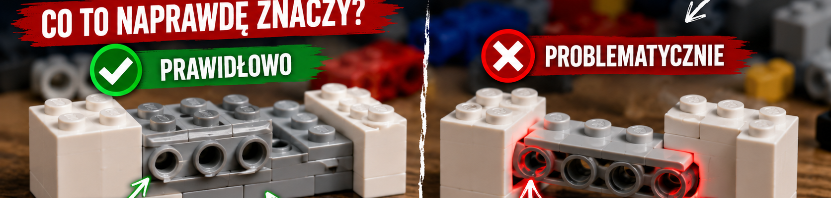 Grafika porównująca prawidłowe i problematyczne techniki budowania LEGO, pokazująca elementy w naturalnym położeniu oraz połączenie powodujące stałe naprężenie.