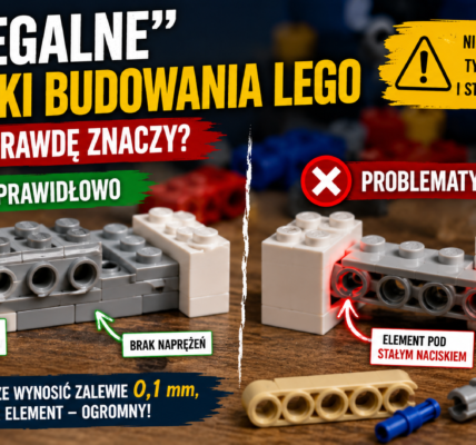 Grafika porównująca prawidłowe i problematyczne techniki budowania LEGO, pokazująca elementy w naturalnym położeniu oraz połączenie powodujące stałe naprężenie.
