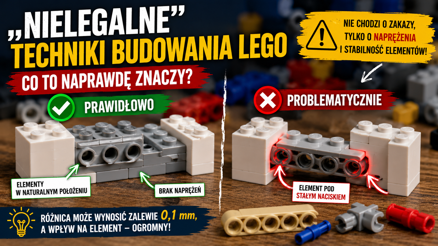 Grafika porównująca prawidłowe i problematyczne techniki budowania LEGO, pokazująca elementy w naturalnym położeniu oraz połączenie powodujące stałe naprężenie.