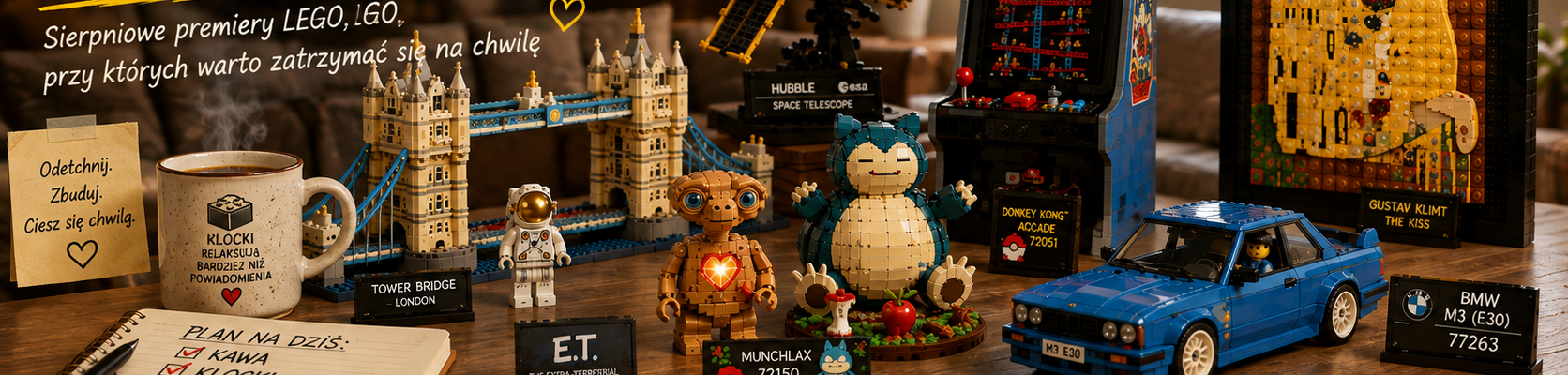 Weekendowy kolaż modeli LEGO z Tower Bridge, teleskopem Hubble’a, E.T., automatem Donkey Kong, obrazem inspirowanym Klimtem, niebiesko-kremowym Pokémonem i BMW M3 na drewnianym stole.