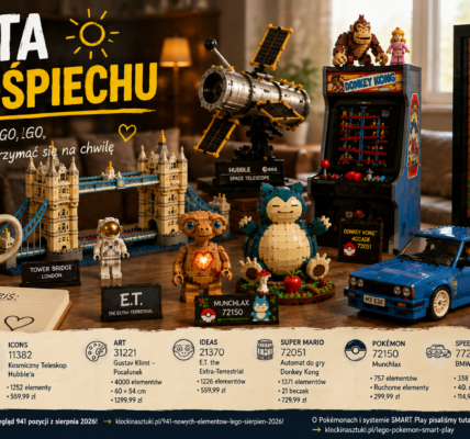 Weekendowy kolaż modeli LEGO z Tower Bridge, teleskopem Hubble’a, E.T., automatem Donkey Kong, obrazem inspirowanym Klimtem, niebiesko-kremowym Pokémonem i BMW M3 na drewnianym stole.