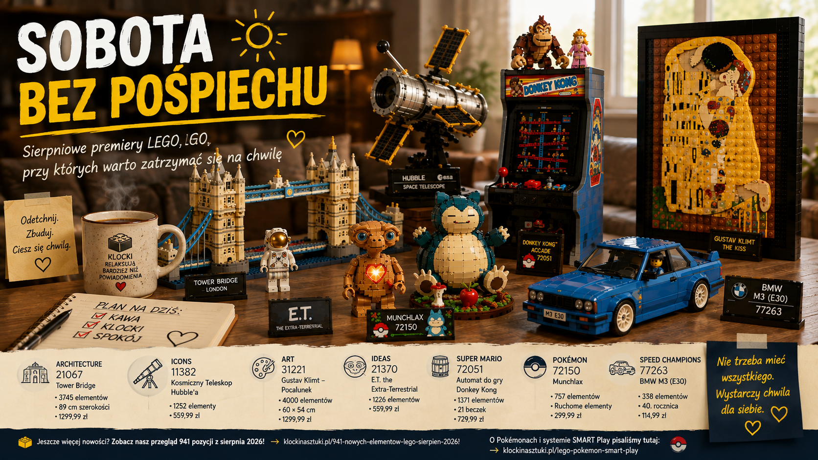 Weekendowy kolaż modeli LEGO z Tower Bridge, teleskopem Hubble’a, E.T., automatem Donkey Kong, obrazem inspirowanym Klimtem, niebiesko-kremowym Pokémonem i BMW M3 na drewnianym stole.