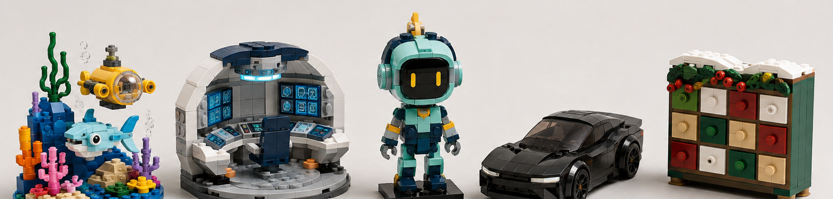 Pięć generycznych modeli z klocków na jasnym tle: scena podwodna, mostek science fiction, figurka robota, ciemny samochód i sezonowy moduł.