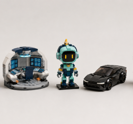Pięć generycznych modeli z klocków na jasnym tle: scena podwodna, mostek science fiction, figurka robota, ciemny samochód i sezonowy moduł.
