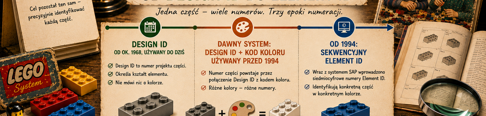 Nostalgiczna infografika o zmianach numeracji części LEGO z osią czasu, starymi katalogami, klockami i trzema systemami: Design ID, Design ID z kodem koloru oraz Element ID.
