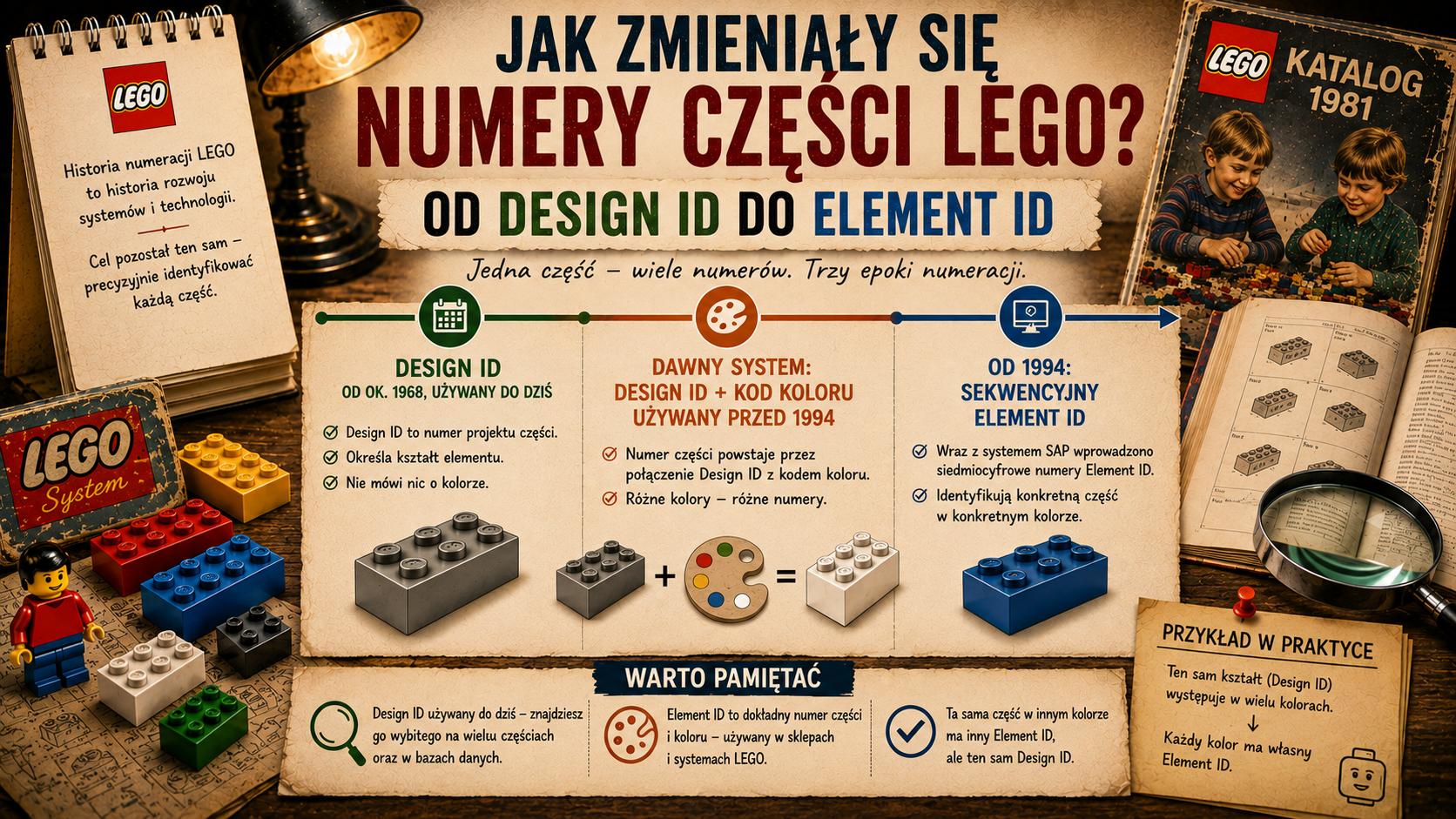 Nostalgiczna infografika o zmianach numeracji części LEGO z osią czasu, starymi katalogami, klockami i trzema systemami: Design ID, Design ID z kodem koloru oraz Element ID.