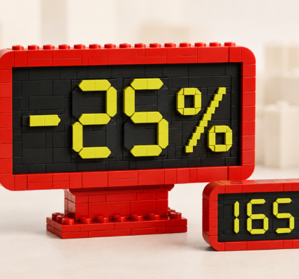 Klockowa tablica promocyjna w stylu cyfrowego wyświetlacza pokazuje -25% oraz próg 165 zł, a w tle stoją dwa generyczne klockowe prezenty.
