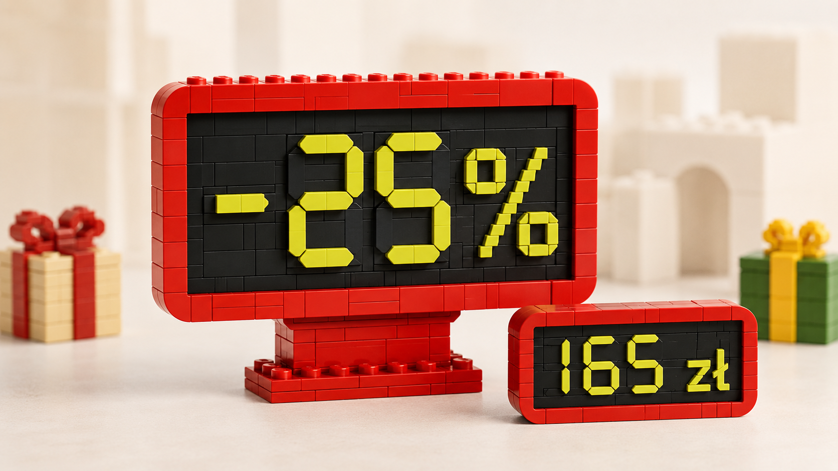 Klockowa tablica promocyjna w stylu cyfrowego wyświetlacza pokazuje -25% oraz próg 165 zł, a w tle stoją dwa generyczne klockowe prezenty.