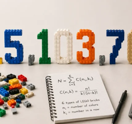Liczba 915 103 765 zbudowana z kolorowych klocków, obok elementów nawiązujących do matematyki i liczenia konstrukcji.