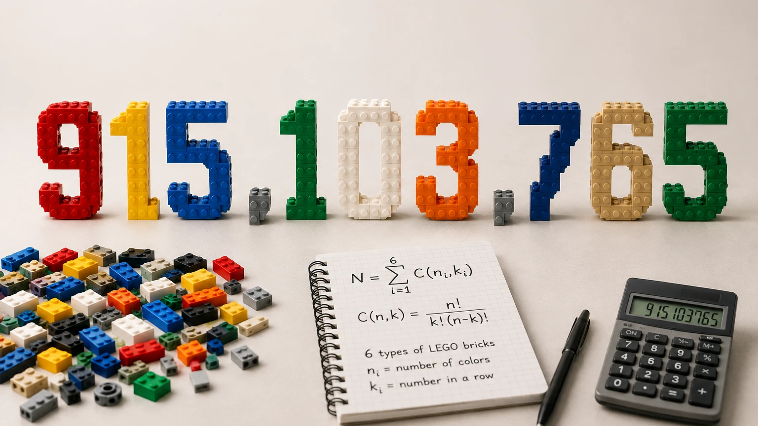 Liczba 915 103 765 zbudowana z kolorowych klocków, obok elementów nawiązujących do matematyki i liczenia konstrukcji.