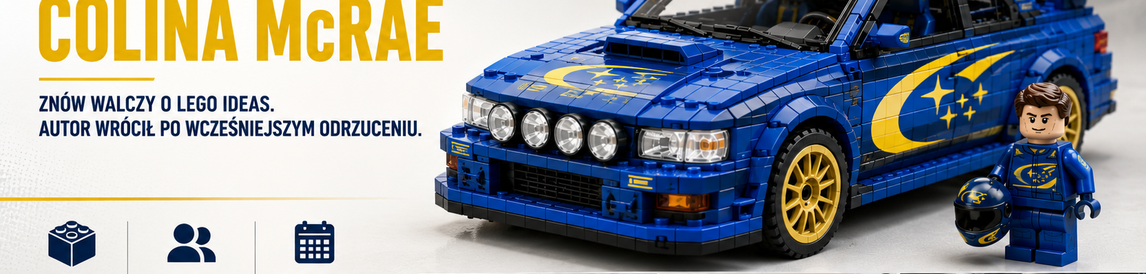 Redakcyjna grafika fanowskiego projektu Subaru Impreza WRC Colina McRae z modelem z klocków, minifigurką oraz trzema scenami: poślizgiem, skokiem i serwisem.