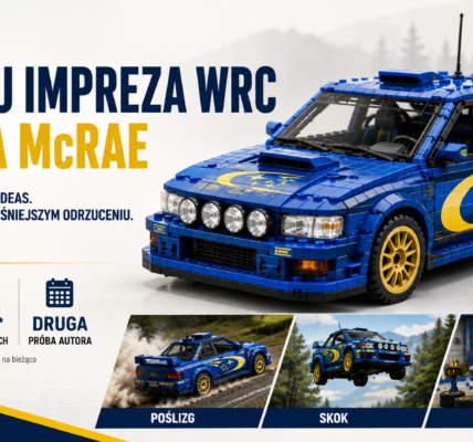 Redakcyjna grafika fanowskiego projektu Subaru Impreza WRC Colina McRae z modelem z klocków, minifigurką oraz trzema scenami: poślizgiem, skokiem i serwisem.