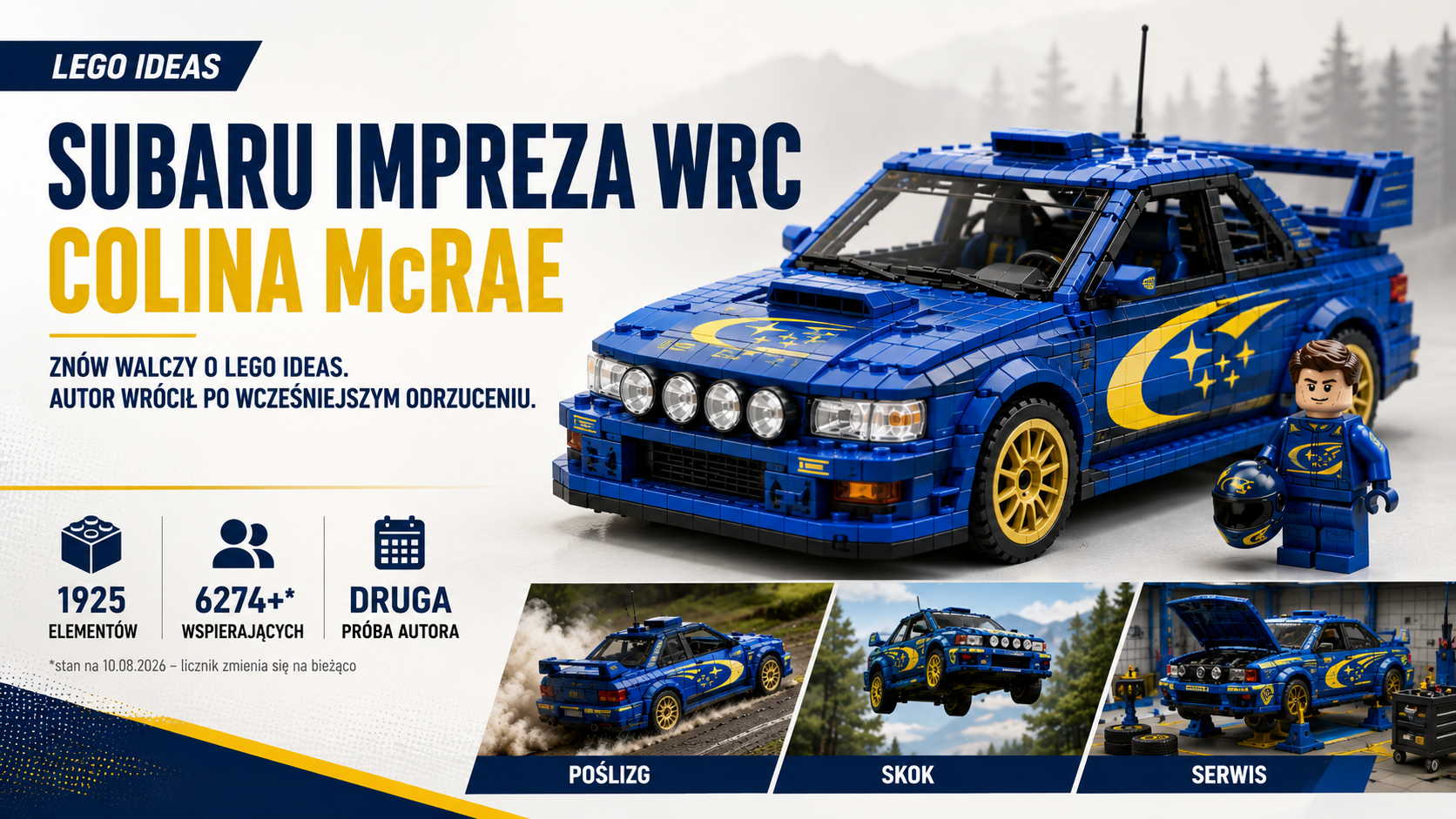 Redakcyjna grafika fanowskiego projektu Subaru Impreza WRC Colina McRae z modelem z klocków, minifigurką oraz trzema scenami: poślizgiem, skokiem i serwisem.