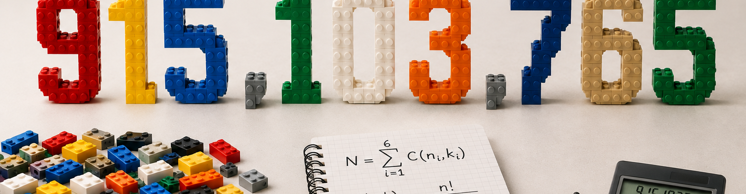 Liczba 915 103 765 zbudowana z kolorowych klocków, obok elementów nawiązujących do matematyki i liczenia konstrukcji.