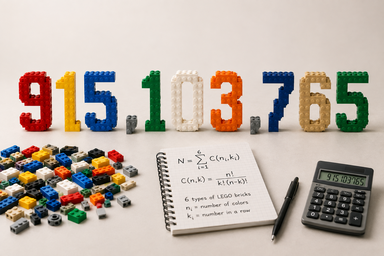 Liczba 915 103 765 zbudowana z kolorowych klocków, obok elementów nawiązujących do matematyki i liczenia konstrukcji.