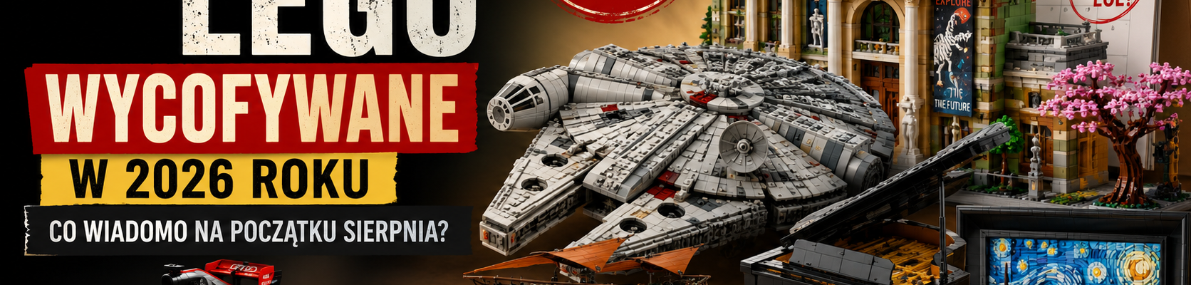 Kolaż zestawów LEGO przewidywanych do wycofania w 2026 roku z Sokołem Millennium, muzeum, fortepianem, bolidem F1 i kalendarzem z datą 31 grudnia.
