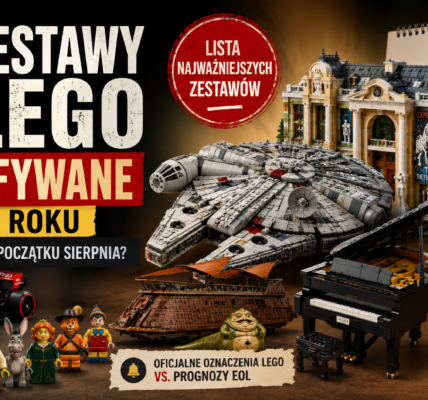 Kolaż zestawów LEGO przewidywanych do wycofania w 2026 roku z Sokołem Millennium, muzeum, fortepianem, bolidem F1 i kalendarzem z datą 31 grudnia.