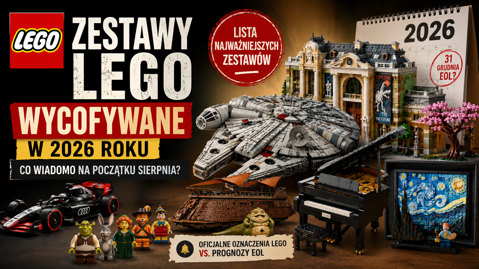 Kolaż zestawów LEGO przewidywanych do wycofania w 2026 roku z Sokołem Millennium, muzeum, fortepianem, bolidem F1 i kalendarzem z datą 31 grudnia.