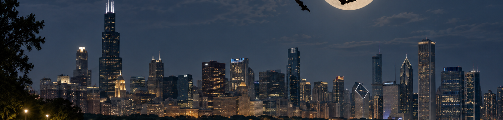 Nocna panorama Chicago nad wodą, z dużym księżycem w pełni i sylwetkami kilku zwykłych nietoperzy lecących na tle nieba.
