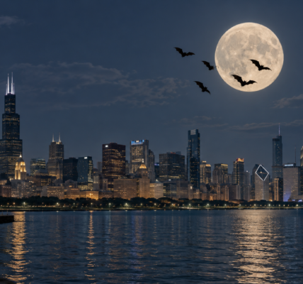 Nocna panorama Chicago nad wodą, z dużym księżycem w pełni i sylwetkami kilku zwykłych nietoperzy lecących na tle nieba.