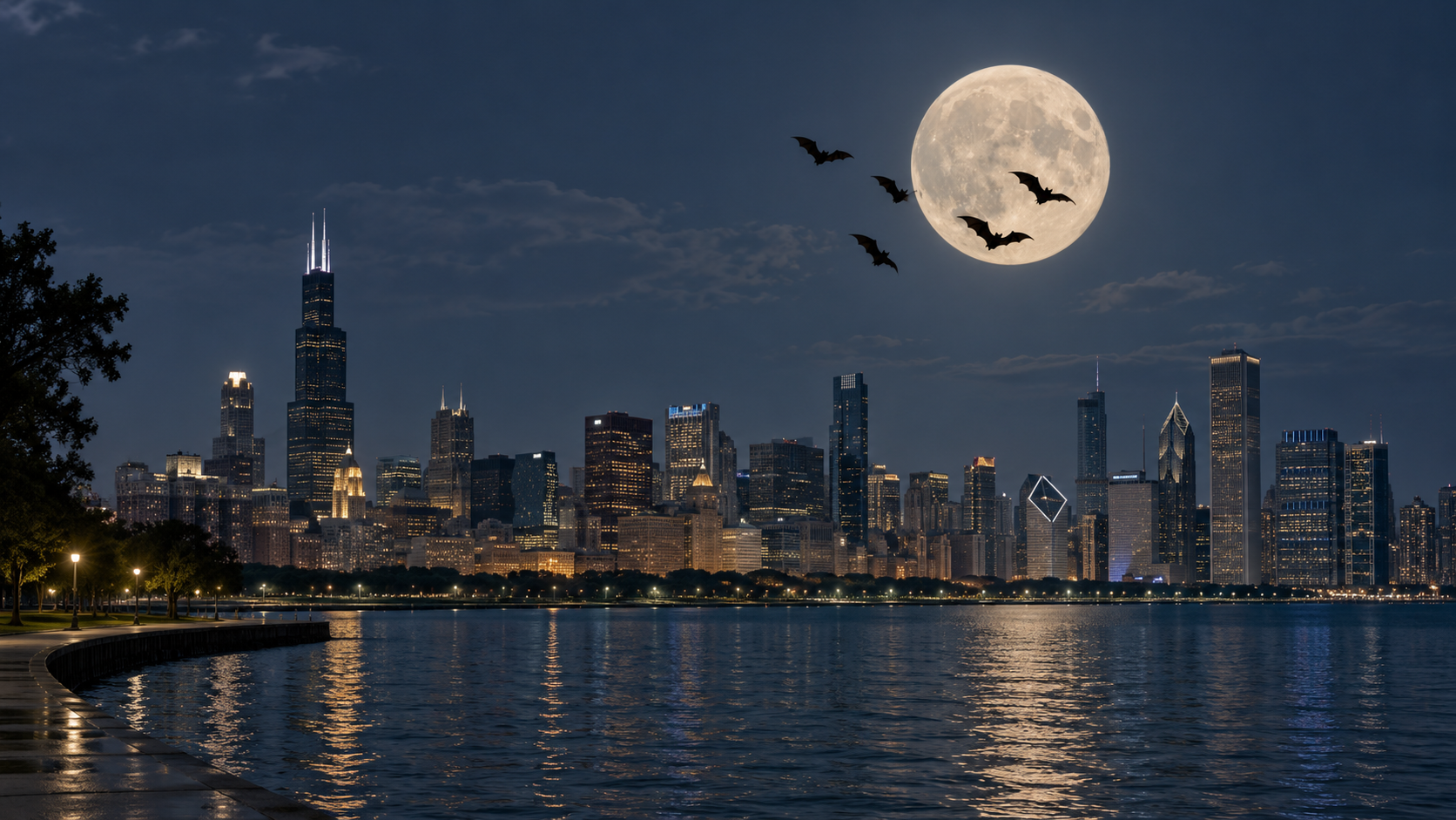 Nocna panorama Chicago nad wodą, z dużym księżycem w pełni i sylwetkami kilku zwykłych nietoperzy lecących na tle nieba.