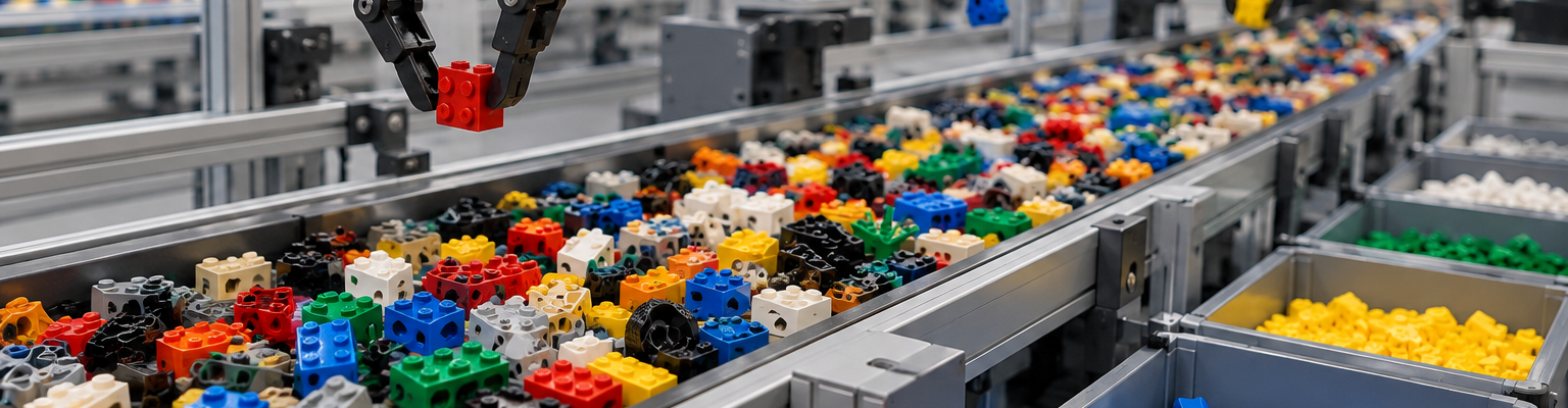 Robotyczne ramiona sortują kolorowe klocki jadące taśmą produkcyjną do osobnych pojemników.
