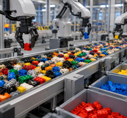 Robotyczne ramiona sortują kolorowe klocki jadące taśmą produkcyjną do osobnych pojemników.