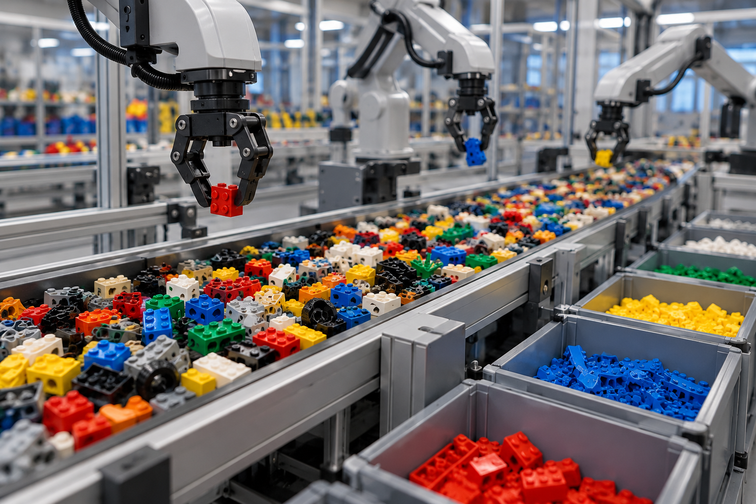 Robotyczne ramiona sortują kolorowe klocki jadące taśmą produkcyjną do osobnych pojemników.