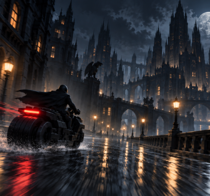 Mroczna nocna ulica w fikcyjnym gotyckim mieście, po której szybko odjeżdża ciemny motocyklista widziany od tyłu.