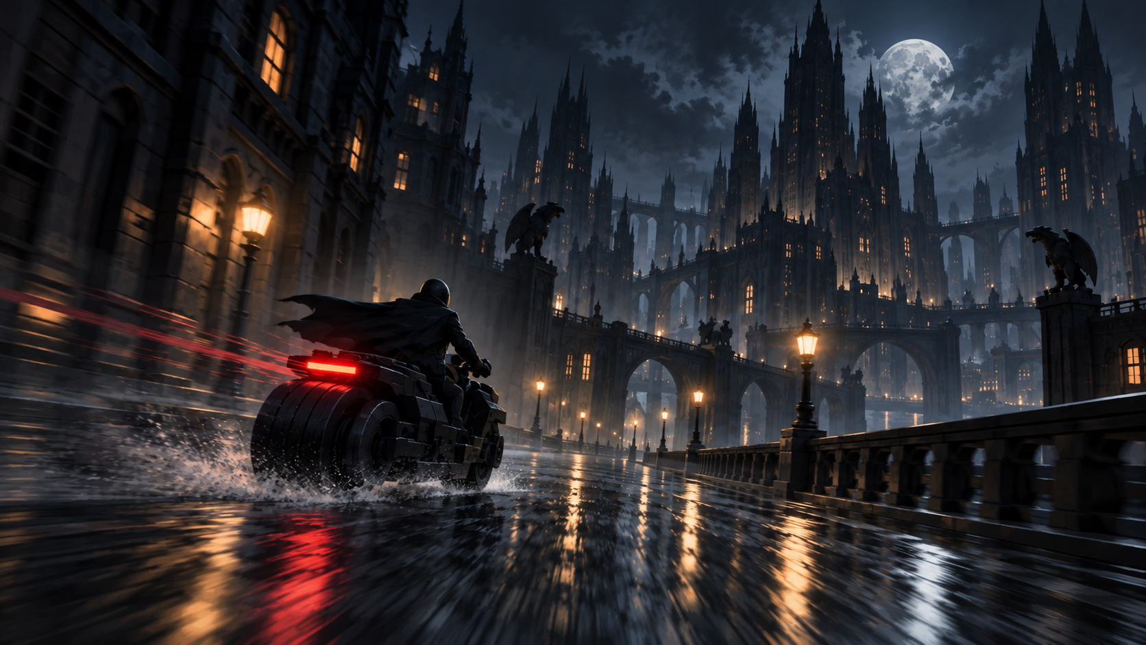 Mroczna nocna ulica w fikcyjnym gotyckim mieście, po której szybko odjeżdża ciemny motocyklista widziany od tyłu.