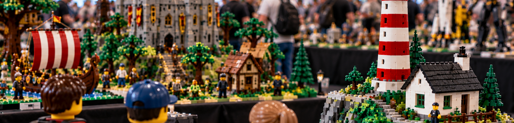 Fanowska wystawa LEGO w hali z odwiedzającymi oglądającymi makiety latarni morskiej, zamku i innych konstrukcji w tle.
