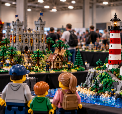 Fanowska wystawa LEGO w hali z odwiedzającymi oglądającymi makiety latarni morskiej, zamku i innych konstrukcji w tle.