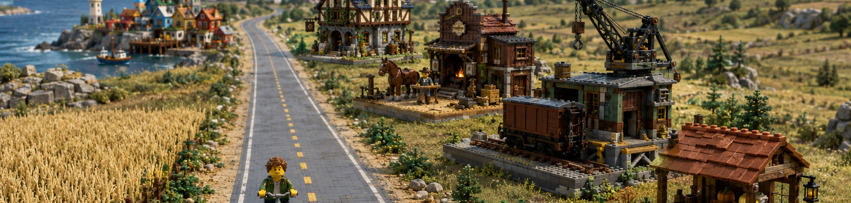Droga biegnąca w perspektywie ku odległemu miastu, przy której ustawiono klockowe scenki inspirowane pięcioma finalistami BrickLink Designer Program Series 9, a w stronę kamery jedzie rowerem mała figurka.