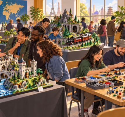 Grupa fanów LEGO spotyka się w jasnej sali przy makietach, kolejce, stołach z częściami i wspólnym budowaniu.