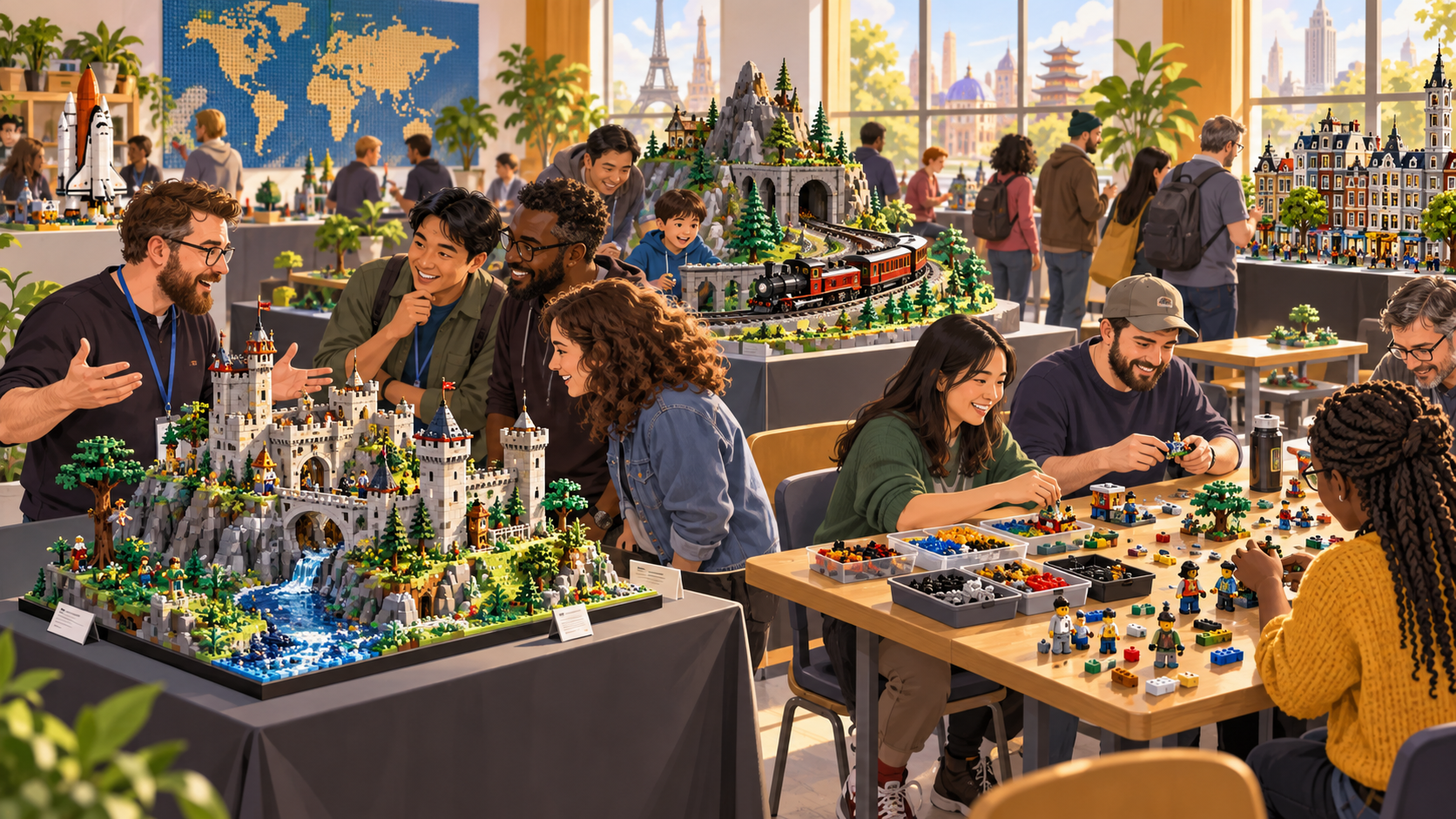 Grupa fanów LEGO spotyka się w jasnej sali przy makietach, kolejce, stołach z częściami i wspólnym budowaniu.