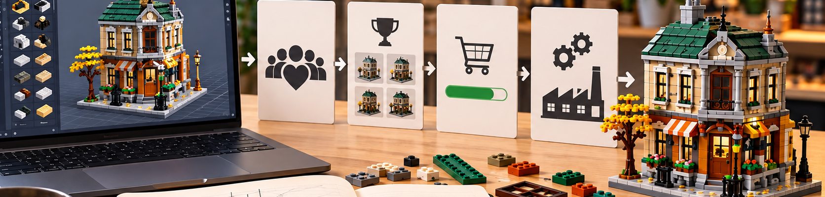 Stanowisko projektowe z laptopem pokazującym cyfrowy model z klocków, kartami symbolizującymi społeczność, crowdfunding i produkcję oraz gotowym modelem po prawej stronie.