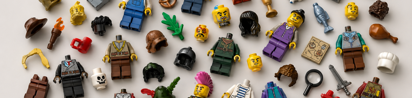 Rozsypane na jasnym tle różnorodne części minifigurek: głowy, torsy, nogi, włosy, hełmy i akcesoria.