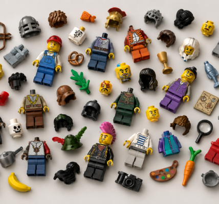 Rozsypane na jasnym tle różnorodne części minifigurek: głowy, torsy, nogi, włosy, hełmy i akcesoria.