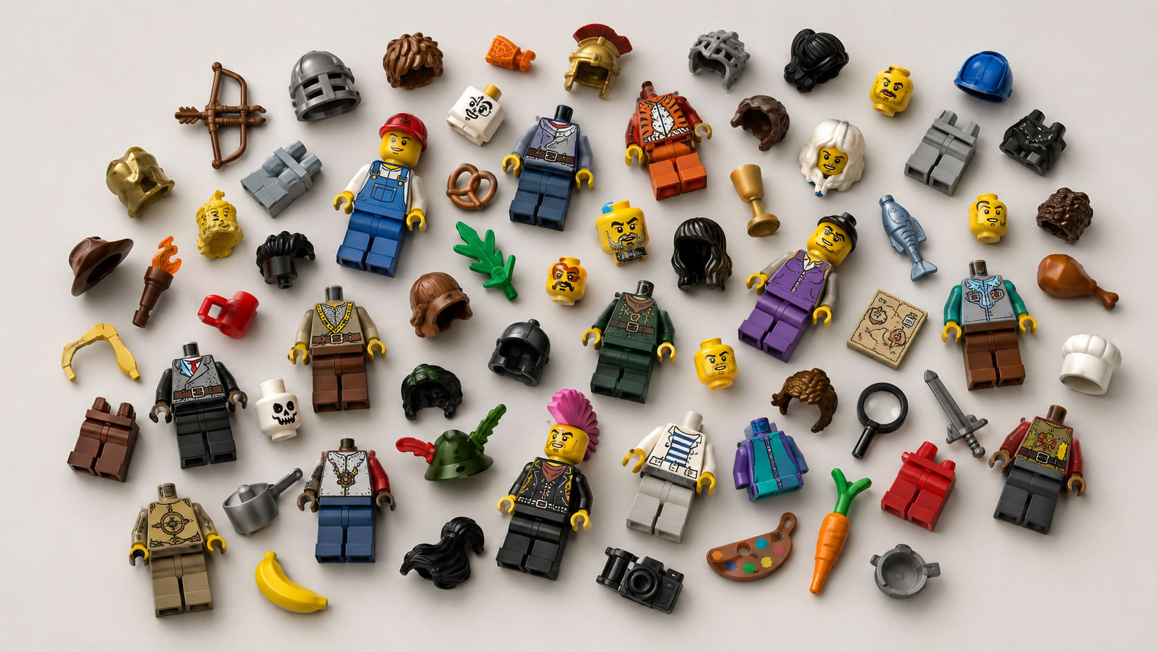Rozsypane na jasnym tle różnorodne części minifigurek: głowy, torsy, nogi, włosy, hełmy i akcesoria.