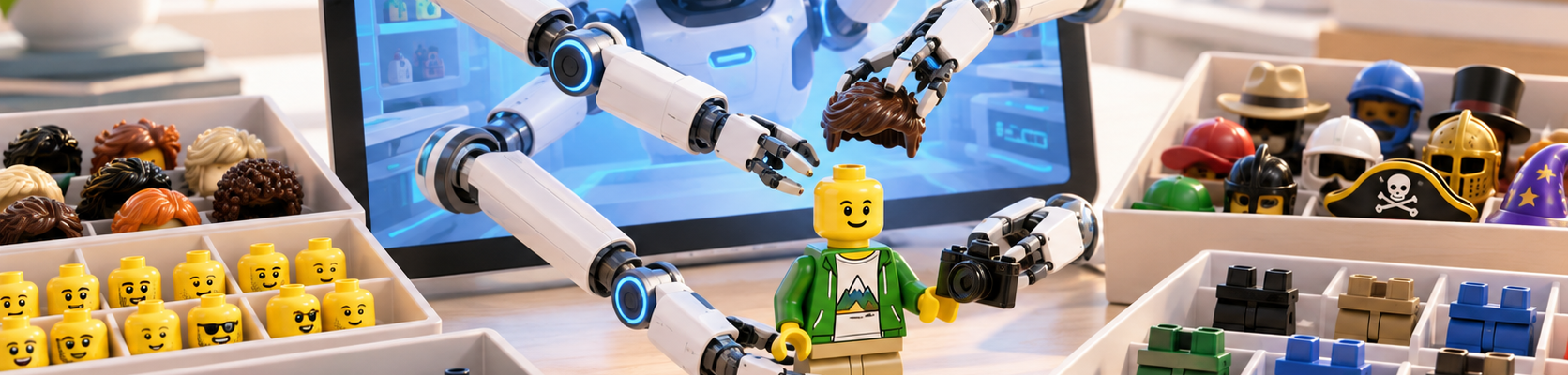Robot widoczny na ekranie wysuwa mechaniczne ramiona do rzeczywistego świata, wybiera z pojemników części minifigurek i składa z nich gotową postać na biurku.