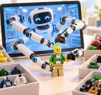 Robot widoczny na ekranie wysuwa mechaniczne ramiona do rzeczywistego świata, wybiera z pojemników części minifigurek i składa z nich gotową postać na biurku.