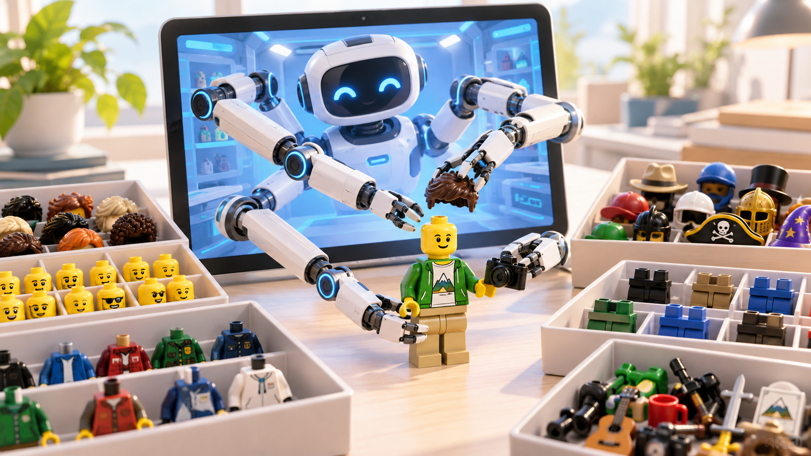 Robot widoczny na ekranie wysuwa mechaniczne ramiona do rzeczywistego świata, wybiera z pojemników części minifigurek i składa z nich gotową postać na biurku.